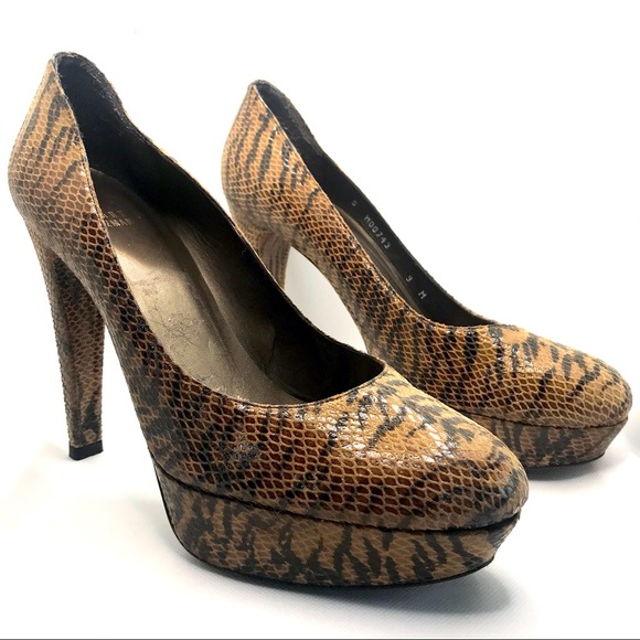 STUART WEITZMAN BROWN & BLACK LEATHER ANIMAL PRINT SNAKESKIN EMBOSSED HEELS (9)